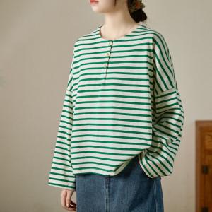 Horizontal Striped Henley Tee Crew Neck Oversized Sweatshirt