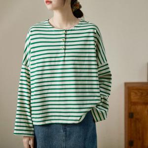 Horizontal Striped Henley Tee Crew Neck Oversized Sweatshirt