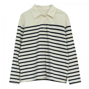 Casual Style Polo Shirt Cotton Striped Knit T-shirt for Women