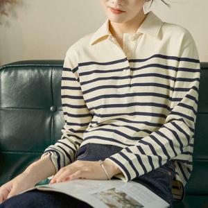 Casual Style Polo Shirt Cotton Striped Knit T-shirt for Women