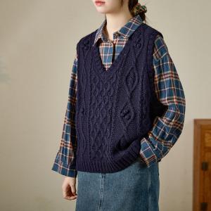 Preppy Style Chunky Knit Vest Woolen V-Neck Sweater Vest