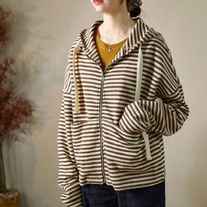 Coffee Striped Hoodie Jacket Cotton Knitting Coat