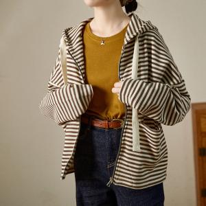 Coffee Striped Hoodie Jacket Cotton Knitting Coat