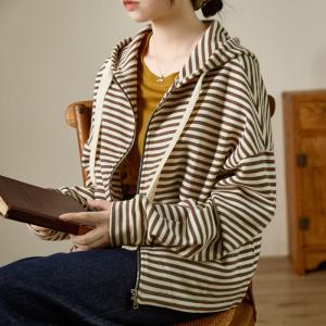 Coffee Striped Hoodie Jacket Cotton Knitting Coat