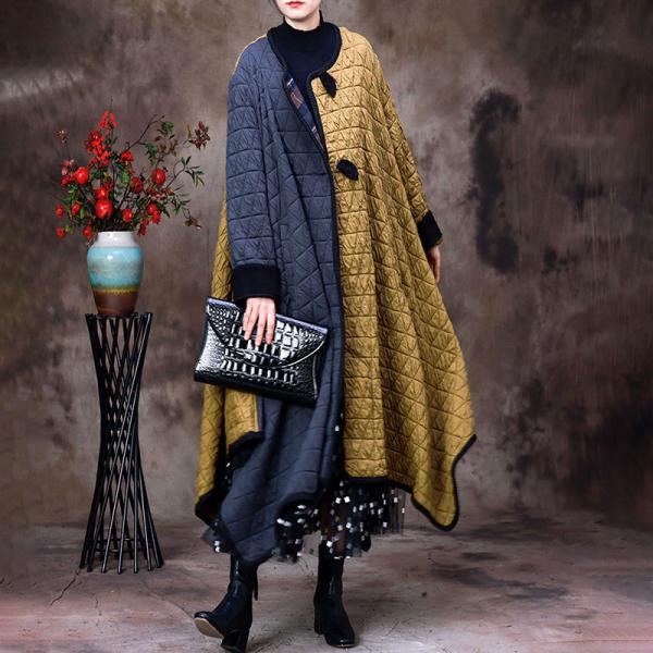 Yellow and Gray Quilted Cape Coat Cotton Plus Size Puffer Coat