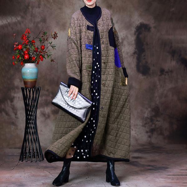 Geometrical Patchwork Long Puffer Winter H-Shaped Coffee Coat