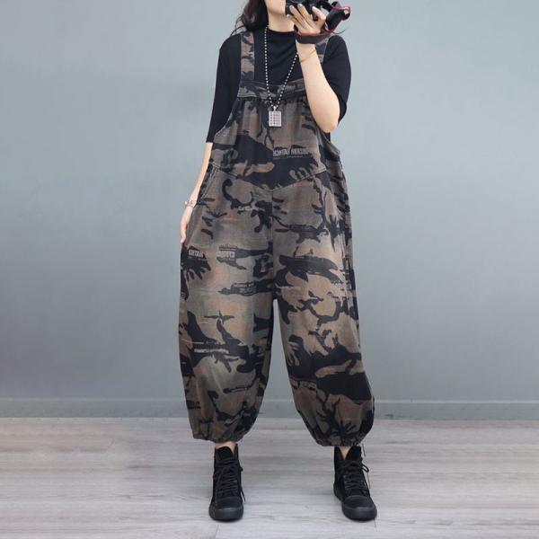 Street Style Fluffy Camo Overalls Womens Backless Dungarees