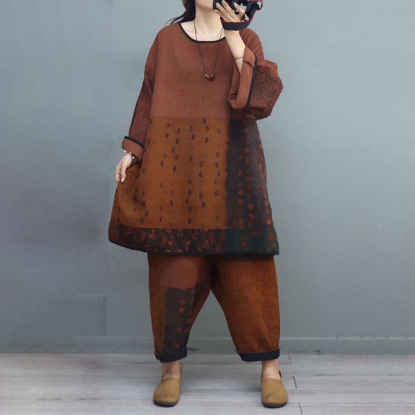 Cotton Linen Plus Size Brown Tunic with Printed Loose Pants