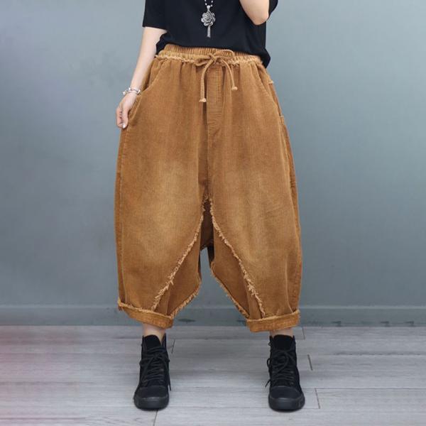 Solid Color Fringed Harem Pants Corduroy Fisherman Pants