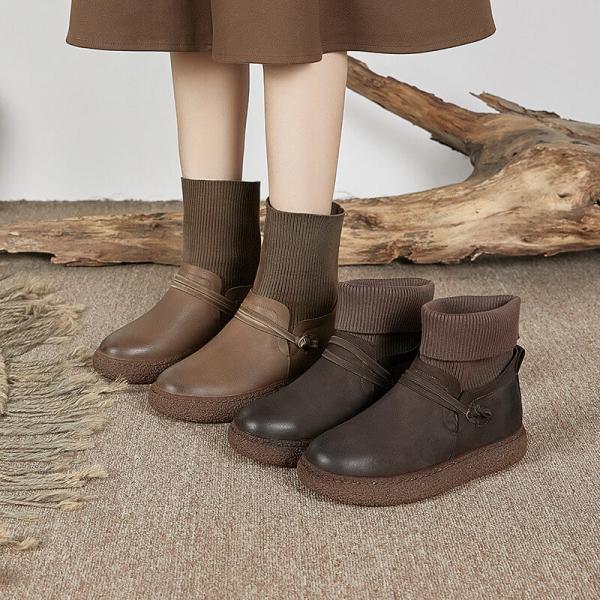 Flat Wedges Fleeced Ankle Boots Leather Winter Sock Boots