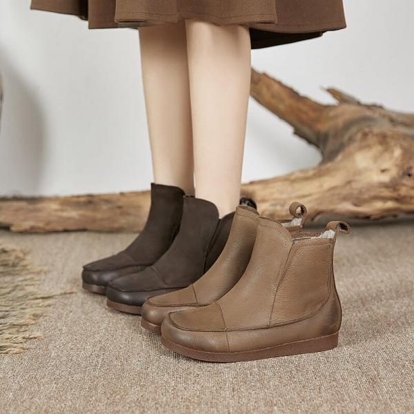 Winter Fur Lining Wedge Boots Round Toe Cowhide Short Boots