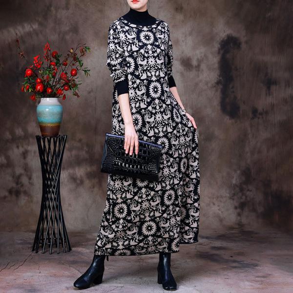 Totem Pattern Knit Mock Neck Dress Winter Printed Sweater Dress