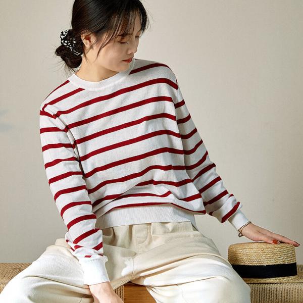 Horizontal Striped Basic Knit Sweater Cotton and Cashmere Tee