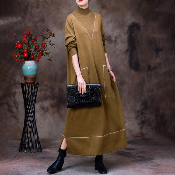 Two Front Pocket High Collar Dress Winter Jersey Dress