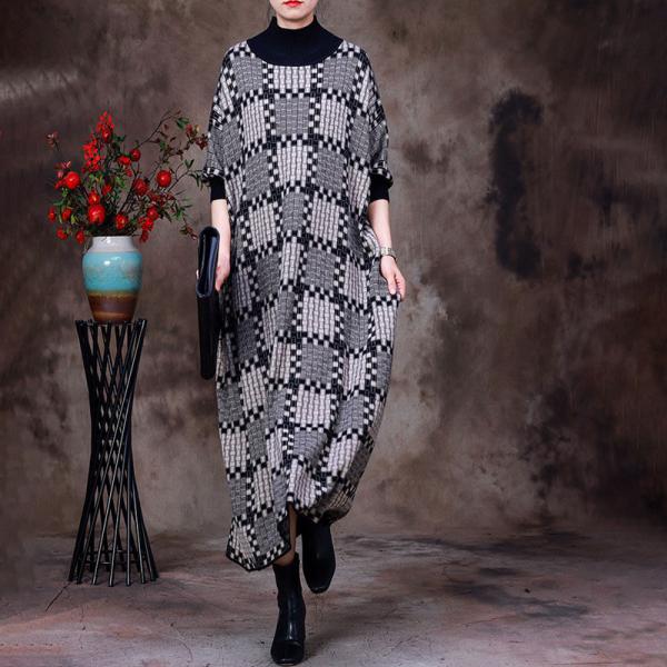 Over50 Style Mock Neck Checker Dress Wool Knit Jersey Dress
