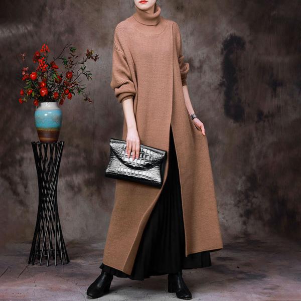 Big Front Slit Sweater Dress Knitting Turtleneck Dress