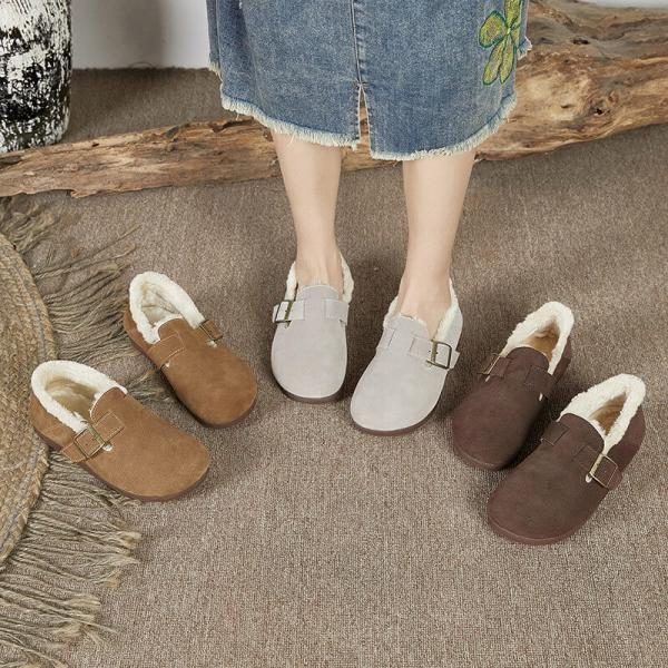 Preppy Style Fur Flats Slip-On Winter Sandals for Women