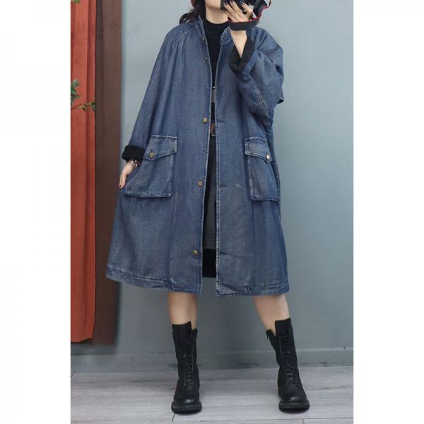 Sherpa Lining Midi Denim Coat Front Pocket Flouncing Trench Coat in ...