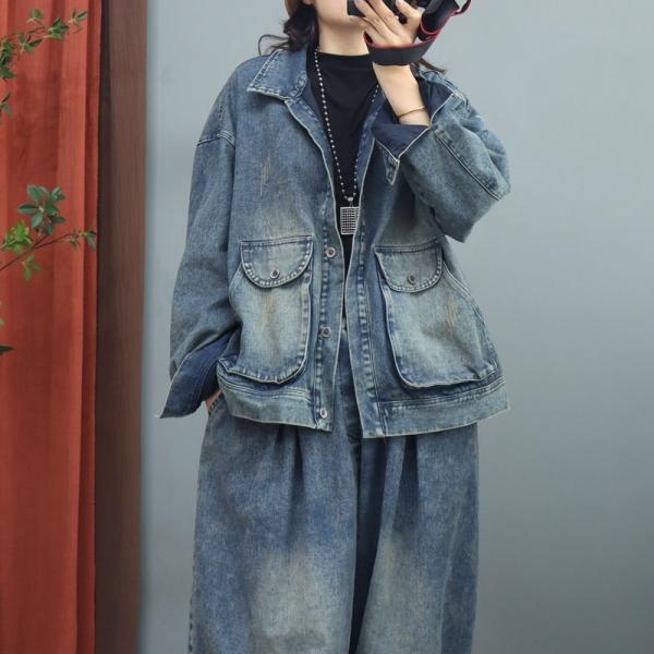 Urban Frayed Washed Denim Oversized Jacket with Front Pocket