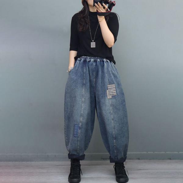 Plaid Patchwork Baggy Carrot Jeans Winter Stone Wash Jeans