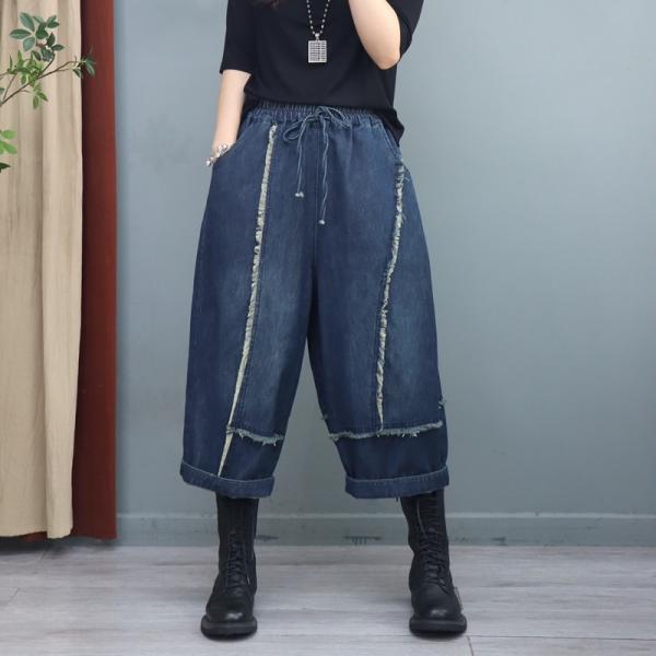 Baggy -Fit Blue Wide Leg Jeans Fringed Cropped Jeans for Women
