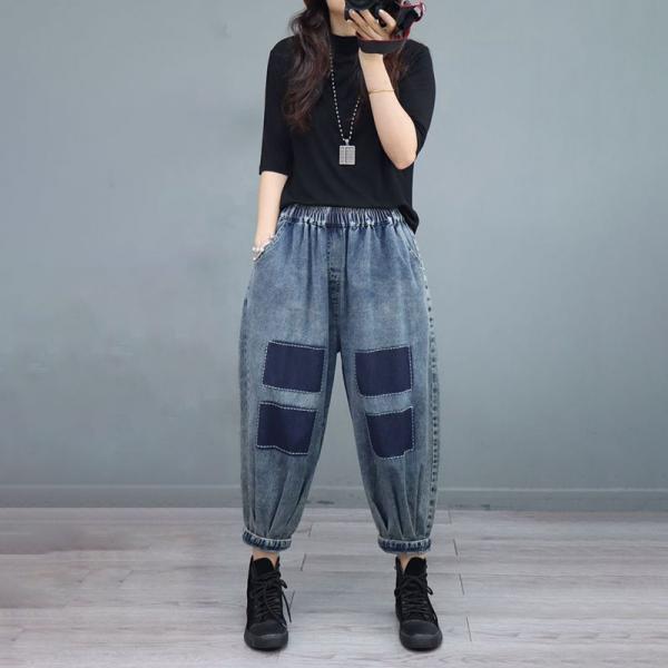 Blue Patchwork Baggy Jeans Womens Stone Wash Casual Jeans