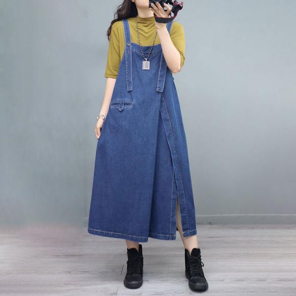 Ulzzang Style Side Slit Denim Dress A-Line Overall Dress