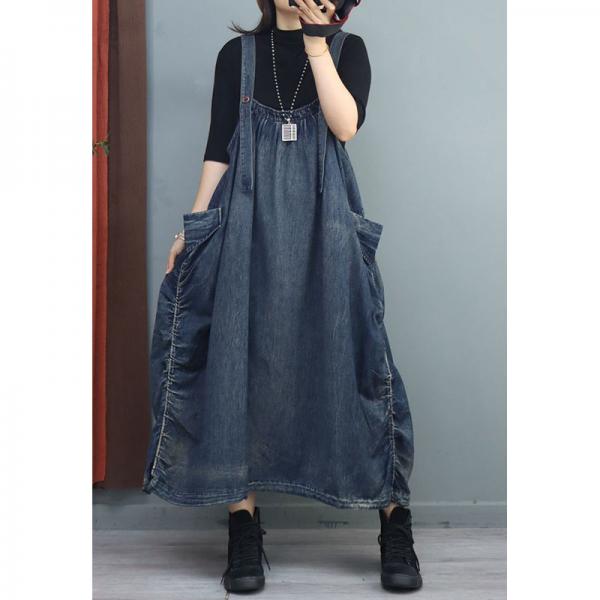 Side Belted Plus Size Overall Dress Pleated Denim Dress