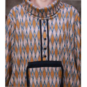 Rhombus Prints High Collar Dress Tassel Midi Sweater Dress