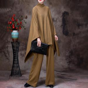 Mock Neck Knit Cape Sweater with Soft Floor-Length Pants