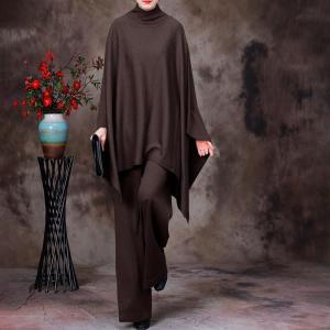 Mock Neck Knit Cape Sweater with Soft Floor-Length Pants