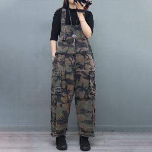 Front Pockets Denim Camo Overalls 90s Bib Overalls for Women