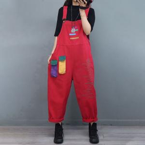 Colorful Pockets Adjustable Straps Overalls Embroidery 90s Overalls