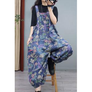 Tropical Flowers Balloon Leg Overalls Plus Size Blue Overalls