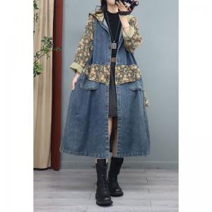 Floral Patchwork Denim Coat Plus Size Hooded Coat