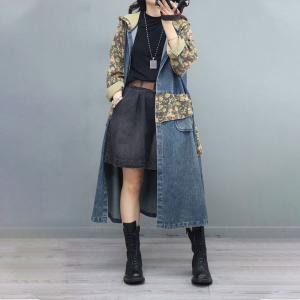 Floral Patchwork Denim Coat Plus Size Hooded Coat