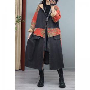 Floral Patchwork Denim Coat Plus Size Hooded Coat