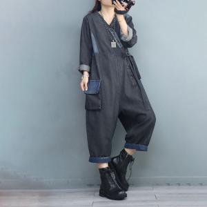 Empire Waist V-Neck Tied Jumpsuits Soft Denim Fashion Coveralls