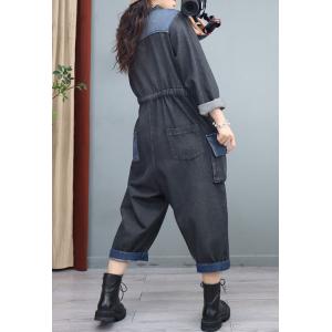 Empire Waist V-Neck Tied Jumpsuits Soft Denim Fashion Coveralls