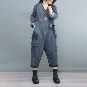 Empire Waist V-Neck Tied Jumpsuits Soft Denim Fashion Coveralls