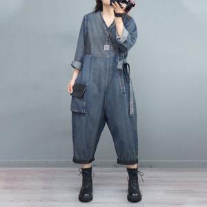 Empire Waist V-Neck Tied Jumpsuits Soft Denim Fashion Coveralls