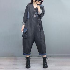 Empire Waist V-Neck Tied Jumpsuits Soft Denim Fashion Coveralls