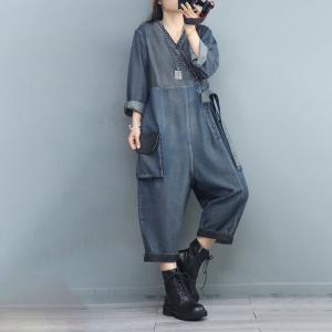 Empire Waist V-Neck Tied Jumpsuits Soft Denim Fashion Coveralls