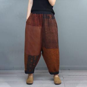 Cotton Linen Plus Size Brown Tunic with Printed Loose Pants