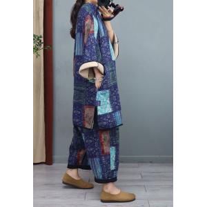 Blue Floral Patchwork Chinese Tunic with Cotton Linen Pant Sets