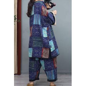 Blue Floral Patchwork Chinese Tunic with Cotton Linen Pant Sets