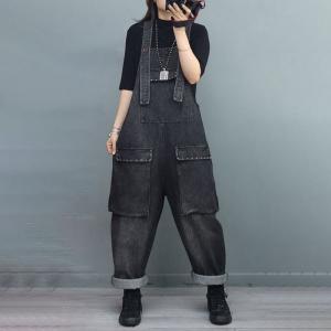 Rivet Pockets 90s Overalls Women Baggy Stone Wash Dungarees