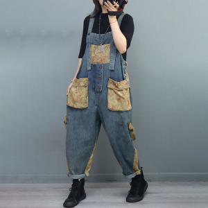 Open Back Printed Pockets Fashion Overalls Baggy Designer Overalls