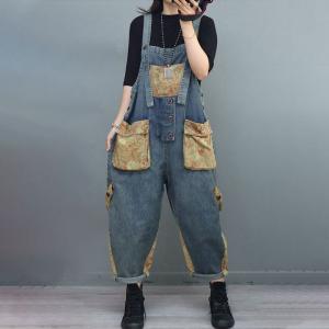 Open Back Printed Pockets Fashion Overalls Baggy Overalls Blue Black One -
