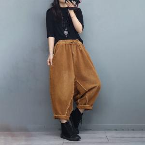 Solid Color Fringed Harem Pants Corduroy Fisherman Pants